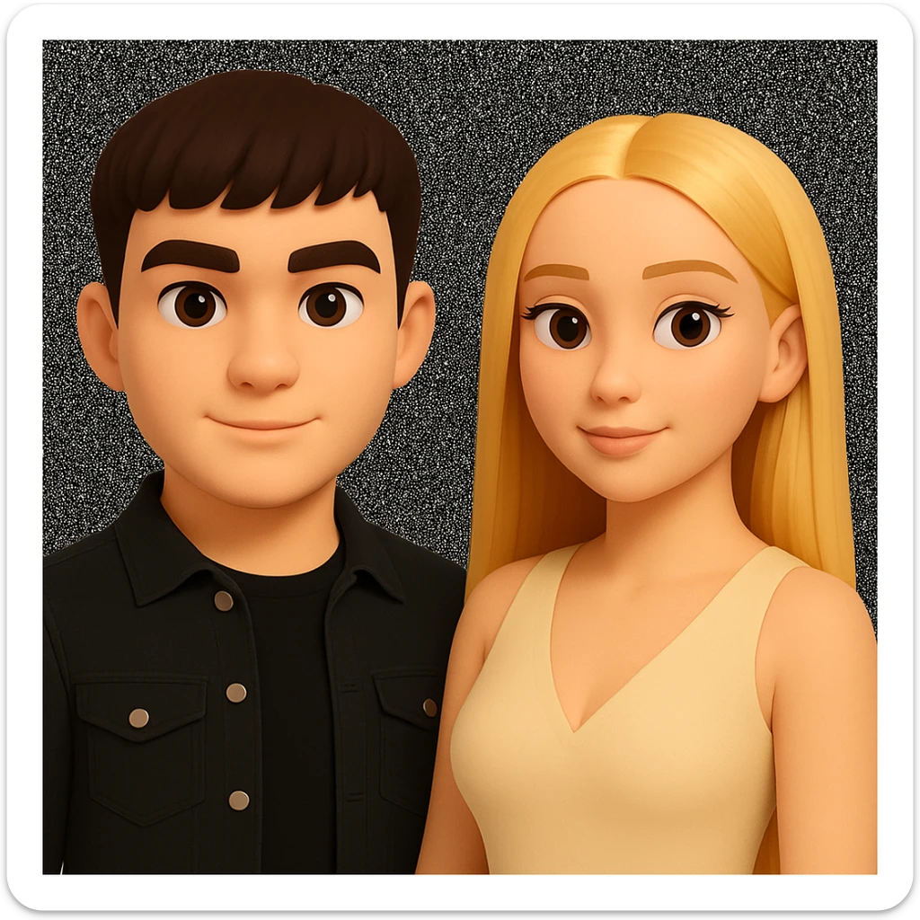 Slightly increase the volume of the upper body of the girl, significantly spread them apart from each other, make the skin color the same for both characters, while preserving the cartoonish 3D style as seen in the reference image. sticker