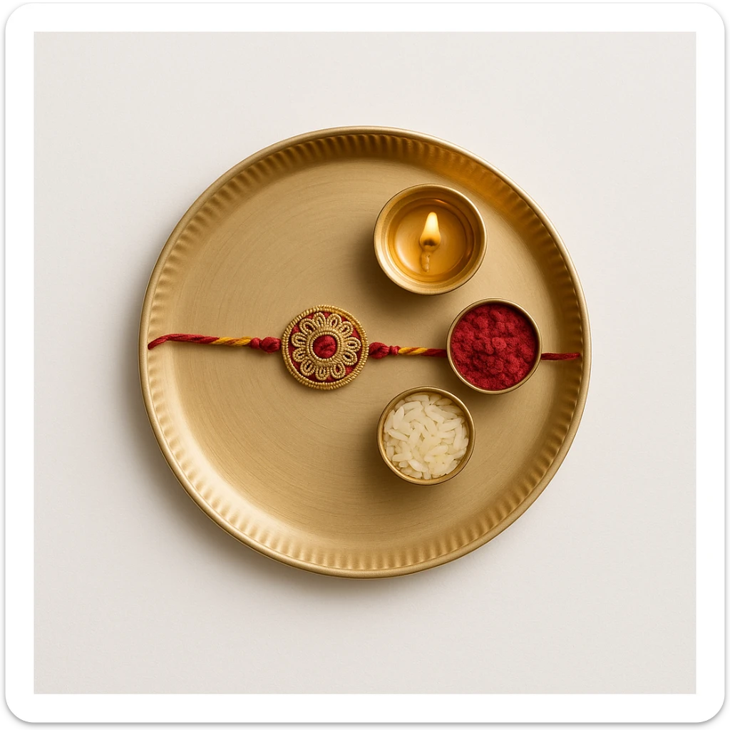 A simple rakhi thali with a rakhi, diya, and roli chawal, minimal and elegant design sticker