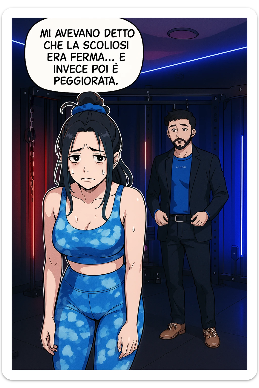 fai questa immagine in versione fumetto/manga/webtoon a colori, il manga mostra la donna disperata con un fumetto sulla testa che dice:
Mi avevano detto che la scoliosi era ferma… e invece poi è peggiorata.
 sticker