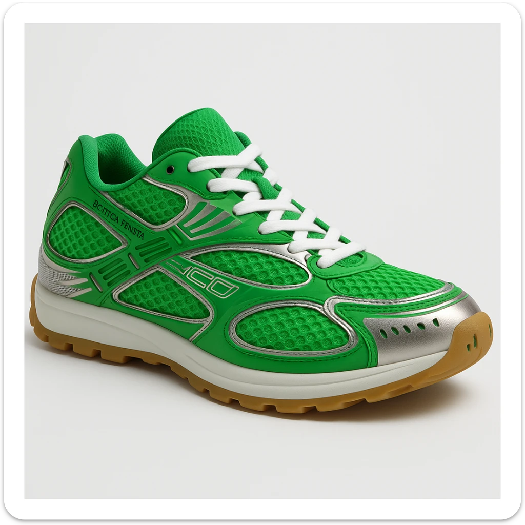 Recreate the Bottega Veneta Orbit sneaker in signature Bottega green, exact design, shown in a 3D turned perspective (not flat 2D), similar to the reference image, realistic, clean background. The style should be realistic and 3D as in the reference images. sticker