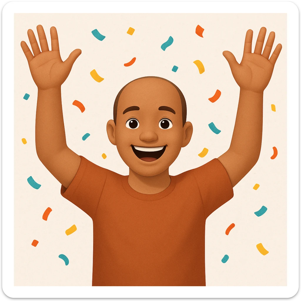 Edit the image of a happy tall Indian person with arms raised in victory, big smile, and confetti. Remove the mustache, give a receding hairline, and dress the person in simple, normal clothes. The original style is emoji style, but use a general style for editing while preserving the emoji look and feel. sticker