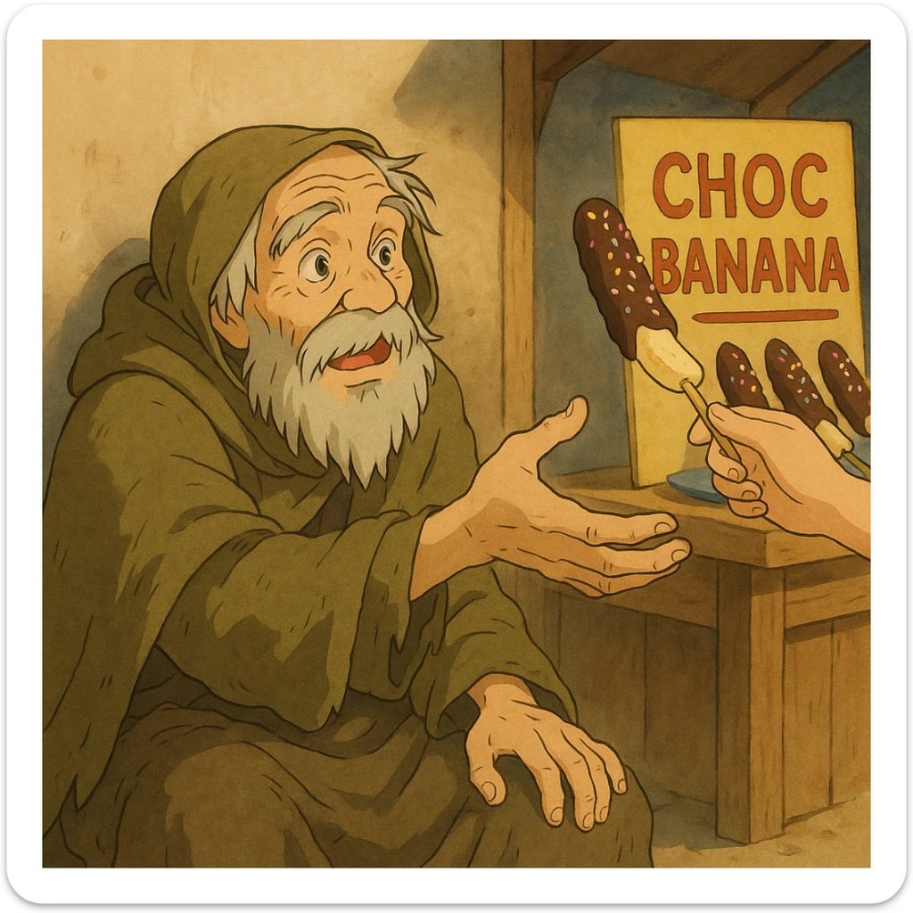 ghibli style illustration of a beggar reaching for a chocobanana, warm and expressive sticker