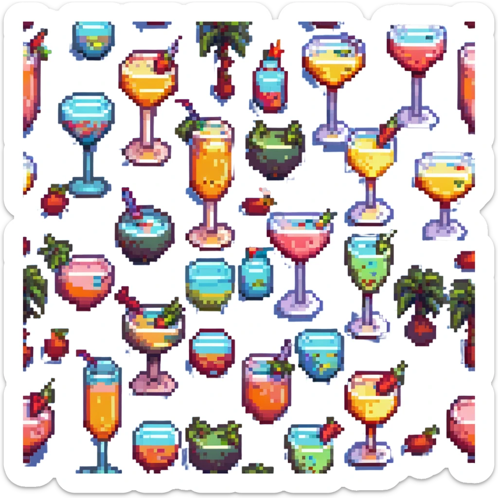 Sex on the beach cocktail, vibrant colors, 8-bit style, retro gaming aesthetic sticker