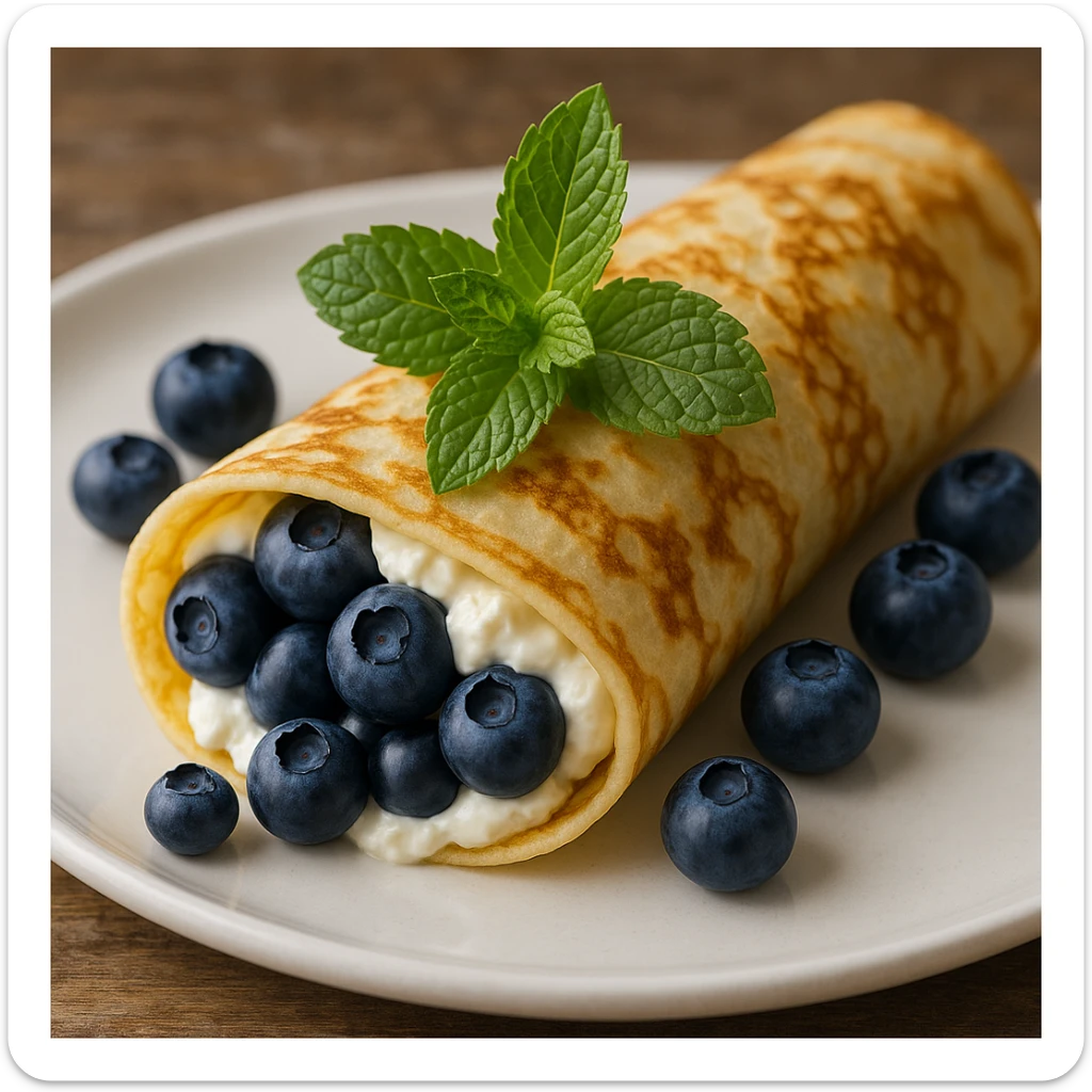 a French crepe filled with blueberries and cream cheese, rolled and topped with fresh mint, photorealistic sticker