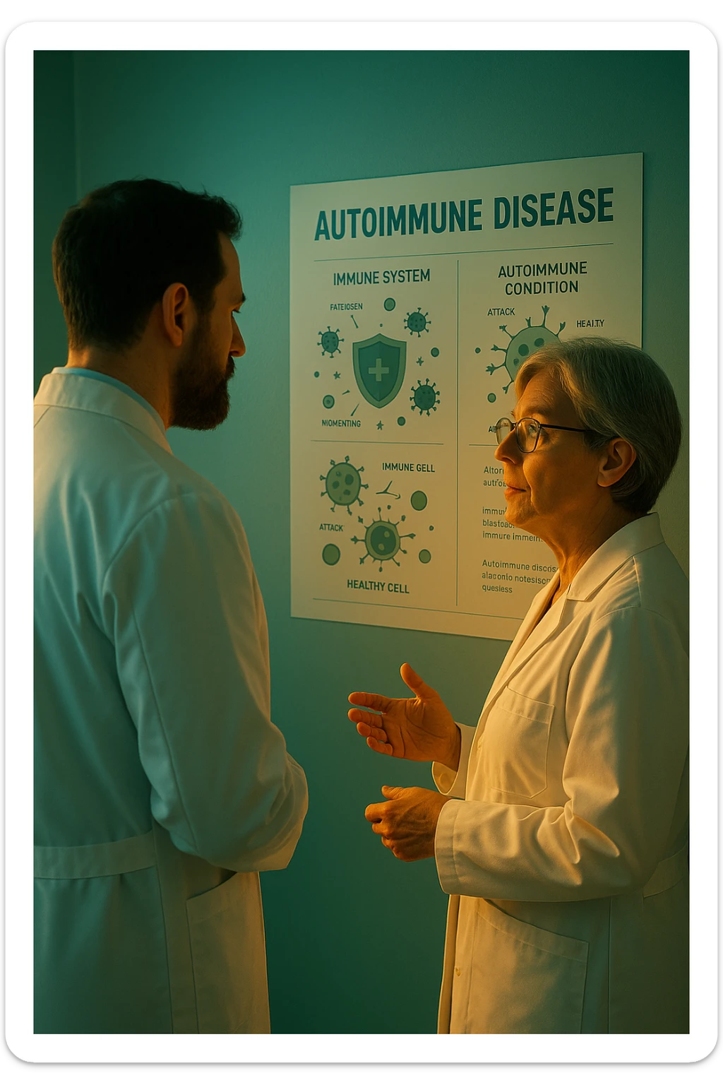 Realistic, detailed photo taken from behind of two doctors—a bearded man and a middle-aged woman—standing and facing each other as they discuss an autoimmune disease diagnosis in front of a medical chart that displays information about the immune system and autoimmune conditions. The scene is illuminated by a yellowish, orange, warm light that softly envelops the doctors. The entire room is bathed in a single green-blue color, creating a cohesive and modern atmosphere. Both doctors wear white coats, and their body language suggests a serious, professional conversation about the complexities of autoimmune diseases. Shot with a Canon EOS R5, with high detail and natural depth of field. sticker