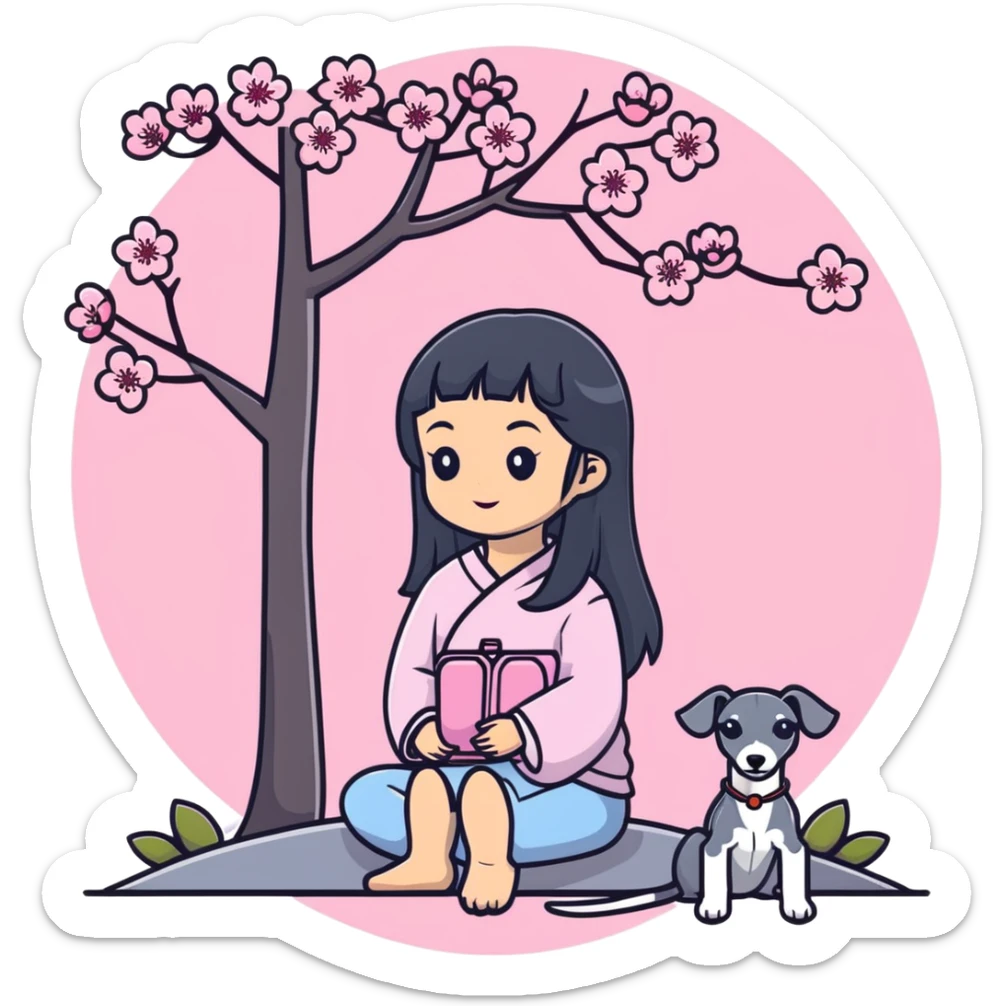 A young Chinese girl with long black hair and a pure dark grey Italian Greyhound with absolutely NO white markings anywhere on its body sitting under a cherry blossom tree. The dog must be completely solid dark grey with no white on muzzle, paws, or chest. sticker