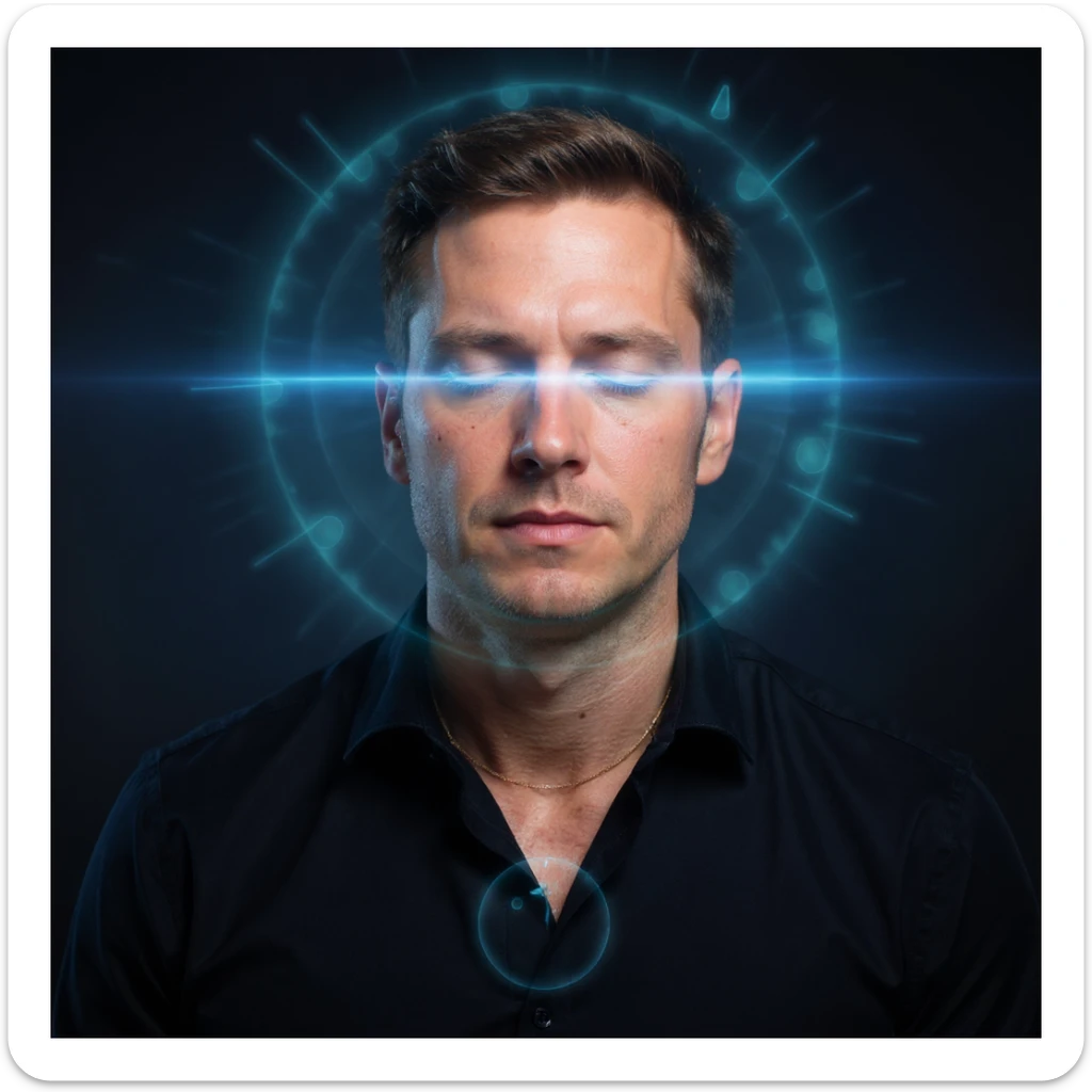 Vertical portrait of a man's face in a realistic professional photography style. The eyes are closed in meditation with a luminous aura around the face. Include symbols of cellular renewal. The atmosphere conveys inner peace during fasting. sticker