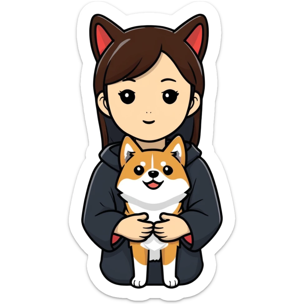 Asian girl with dark brown hair and a black shiba inu sticker
