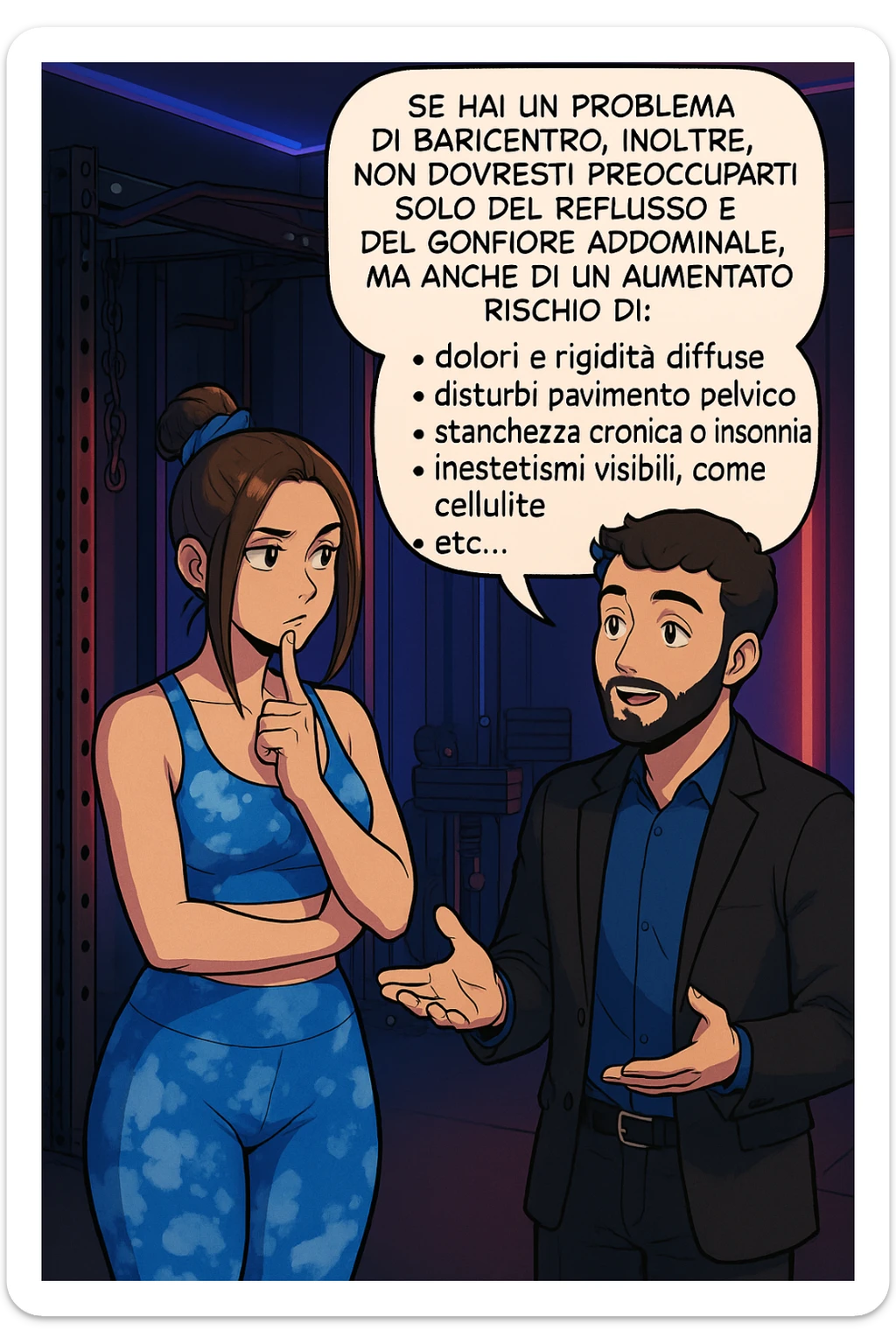 TRASFORMA QUESTO CAROSELLO IN UN FUMETTO STILE WEBTOON/MANGA A COLORI CON QUESTE DUE PERSONE IDENTICHE CHE INTERLOQUISCONO TRA LORO, L'uomo sta spiegando alla donna questo concetto MENTRE LA DONNA SI TIENE L'INDICE SUL MENTO ASCOLTANDOLO PENSIEROSA:

Se hai un problema di baricentro, inoltre, non dovresti preoccuparti solo del reflusso e del gonfiore addominale, ma anche di un aumentato rischio di:
    • dolori e rigidità diffuse
    • disturbi pavimento pelvico
    • stanchezza cronica o insonnia
    • inestetismi visibili, come celluluite
    • etc… sticker