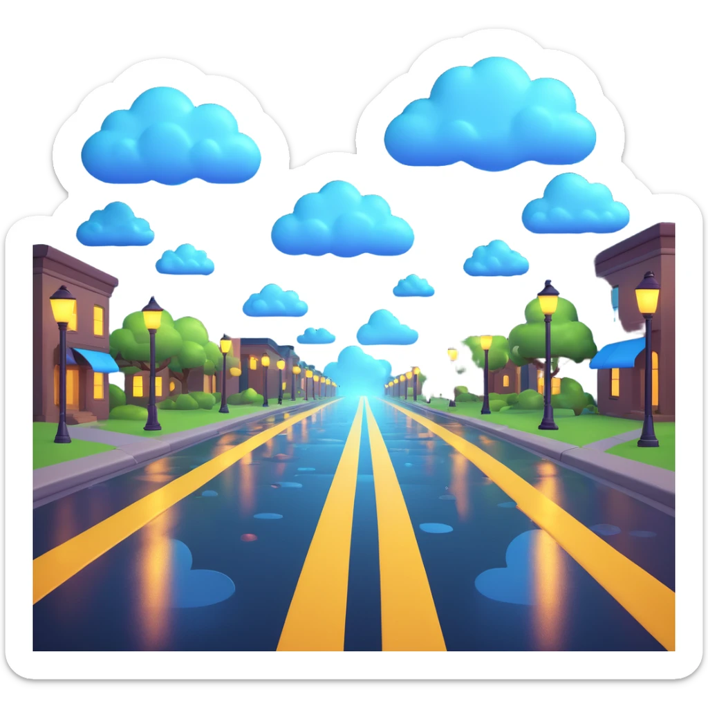 a rainy road at night with shiny wet pavement, cartoon clouds, and glowing streetlights in 3D emoji style sticker