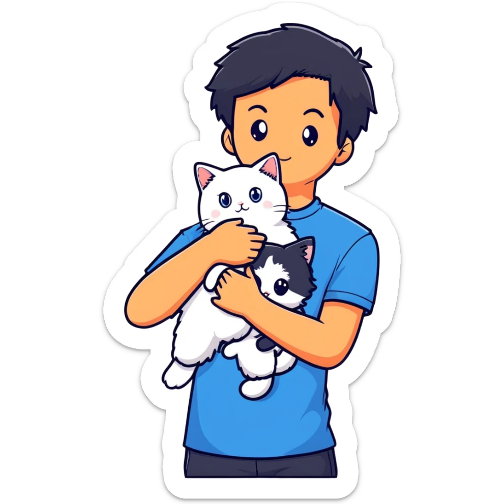 teenage boy with black hair wearing blue short sleeve shirt holding a white ragdoll cat sticker