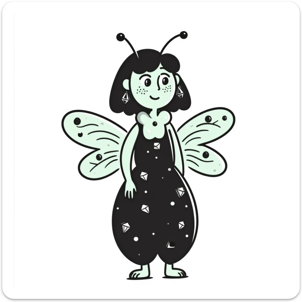 Mint green woman bee character with diamond decorations, rhinestone jewelry, and glittery sparkly details sticker