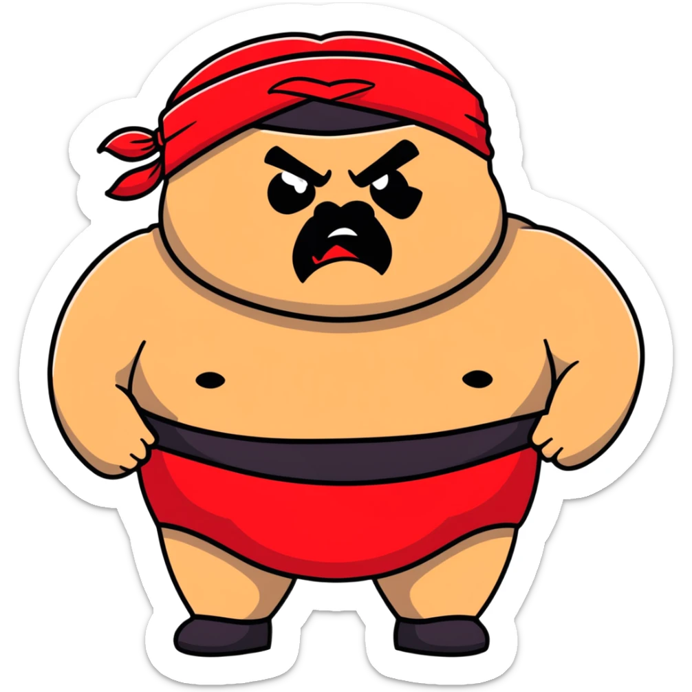 Extreme close-up of face of morbidly obese white skin guy with young face, prominent BLACK DURAG tied clearly on head, distinct black beard and mustache, black eyes in a red and black wrestling singlet with angry expression sticker