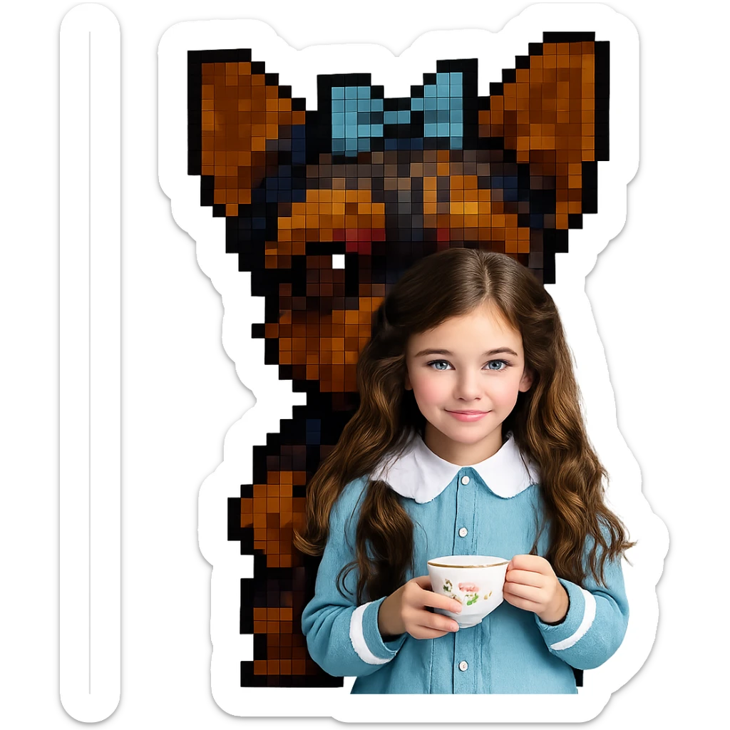 Make the yorkie dog much bigger, keep the 11 year old girl with freckles and long wavy brown hair, preserve the look of pixel art style, no background. sticker