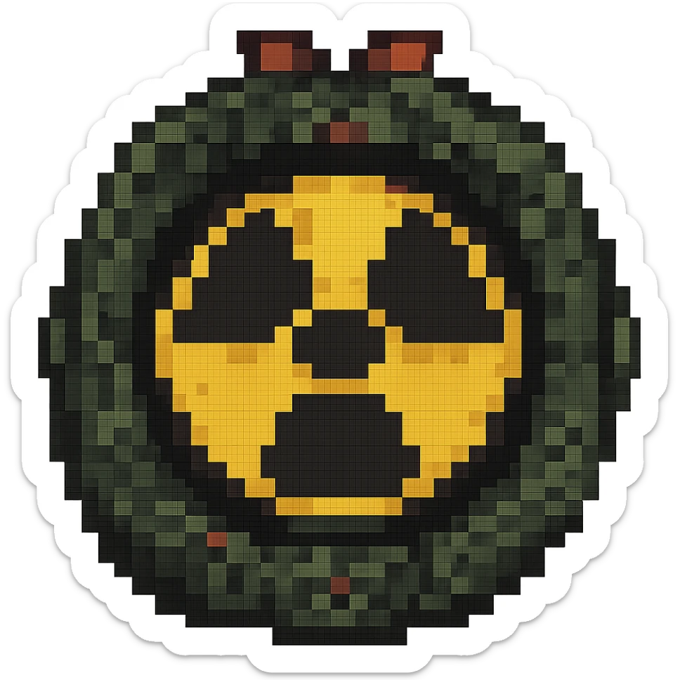 Add a radioactive symbol to the nuke symbol in pixel art style, with no background. sticker
