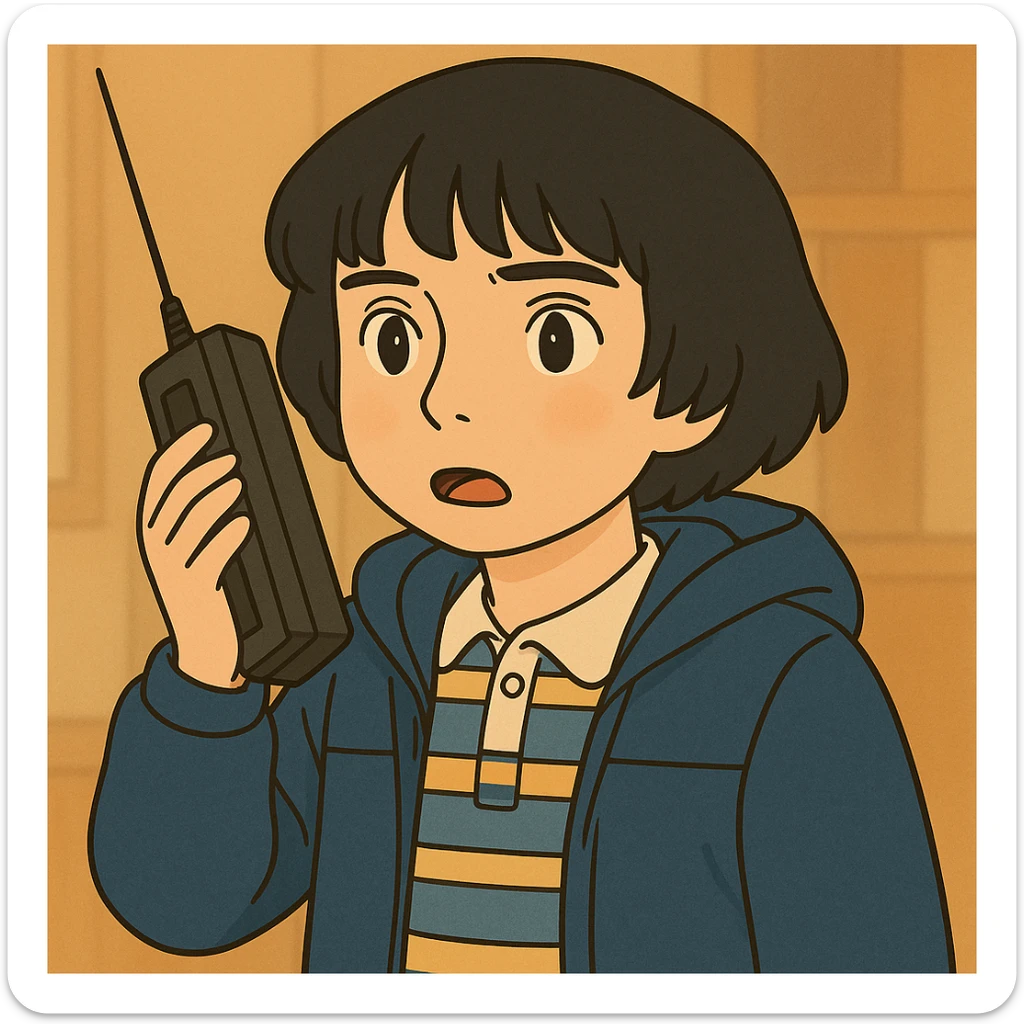 Mike Wheeler with a short bowl haircut, wearing iconic first season clothes (blue striped shirt and jacket), simple and delicate line art, colored in pastel tones, with thick and dark outlines, in Ghibli style, 1:1 format. sticker