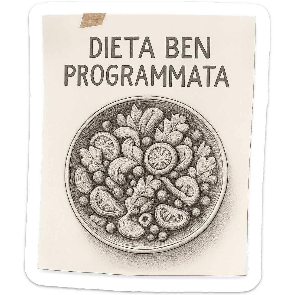 hyperrealistic 4K top view of a sheet of paper with a bowl of salad drawn on it and the text 'DIETA BEN PROGRAMMATA', variation 5, no background sticker