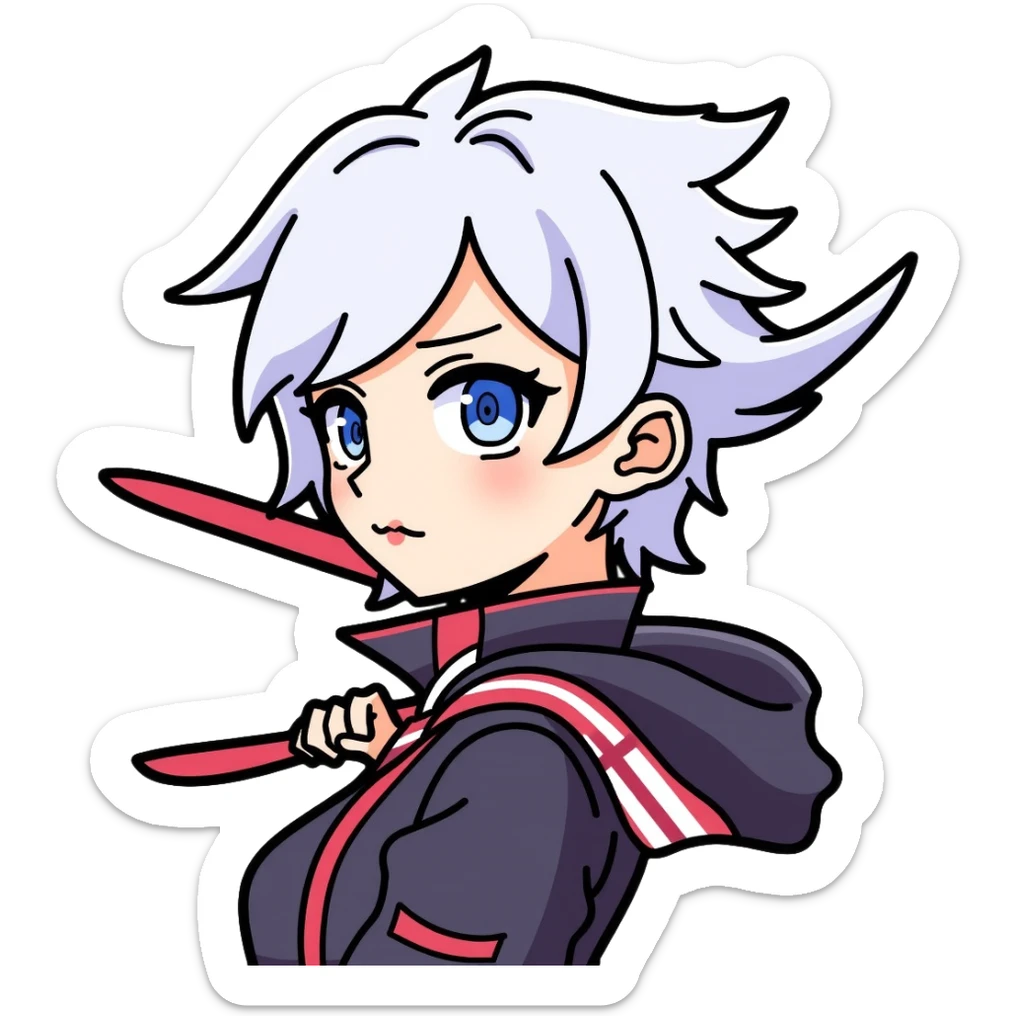 Jett from Valorant, a female character with short white hair, holding kunai knives, wind abilities sticker
