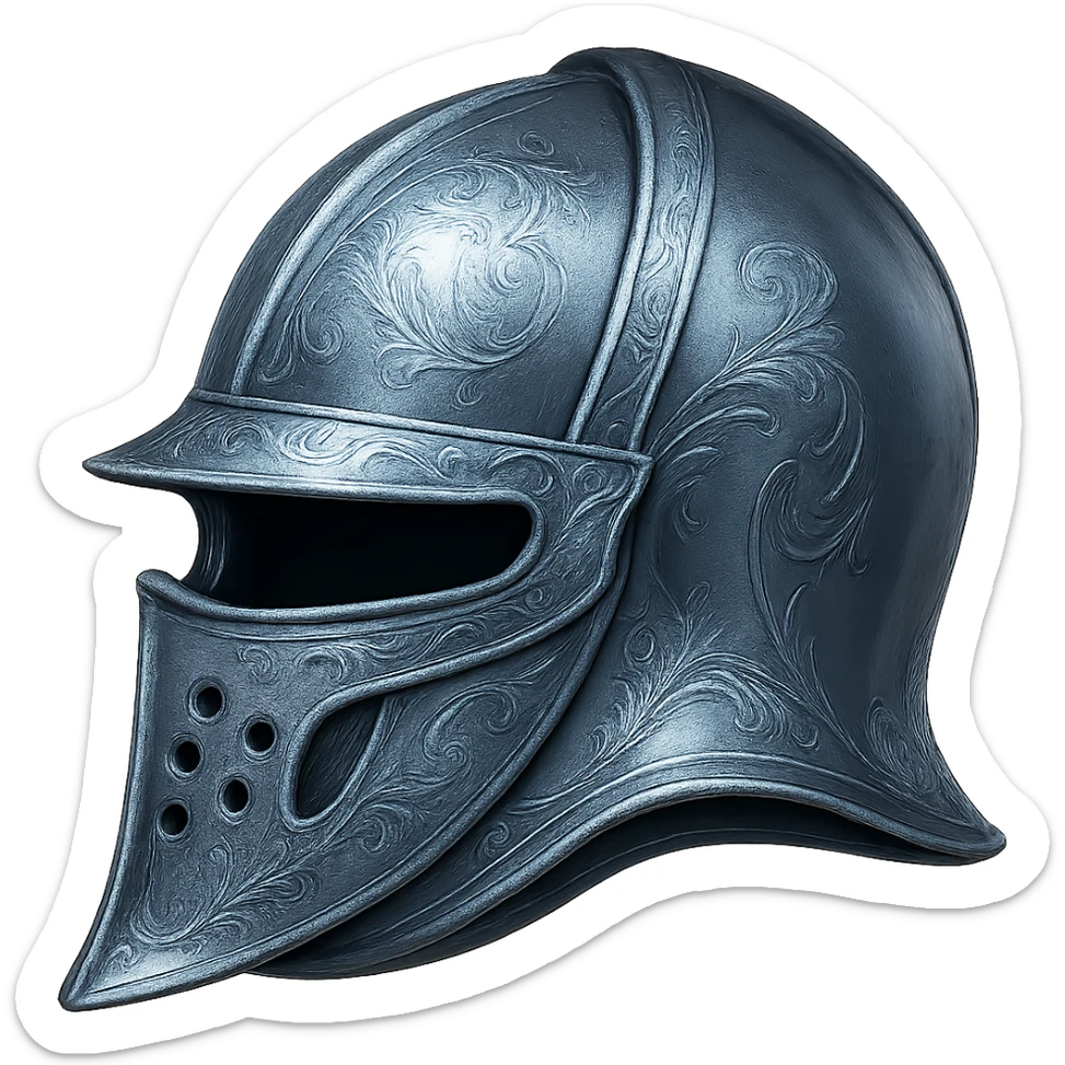 Recolor this iron helmet to realistic metallic steel with crisp, shiny, and slightly fancier iron engravings. Keep the look detailed and realistic in a style inspired by emoji style. Transparent background. sticker