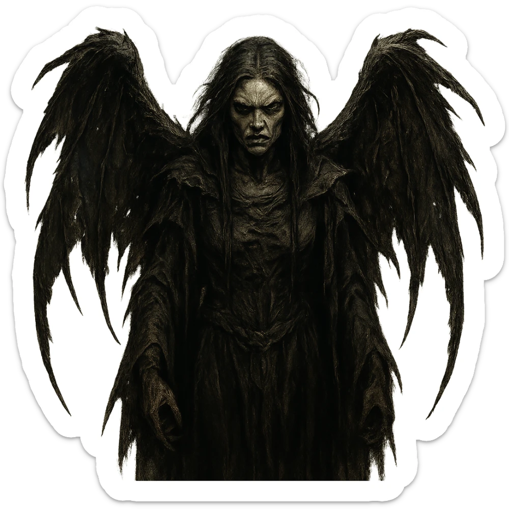 A dark angel with tattered wings and a fierce expression, in a dark, eerie fantasy style. sticker