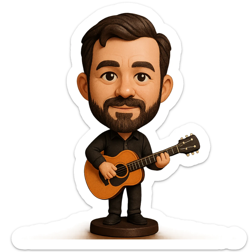 illustration of a musician playing guitar in bobblehead style sticker