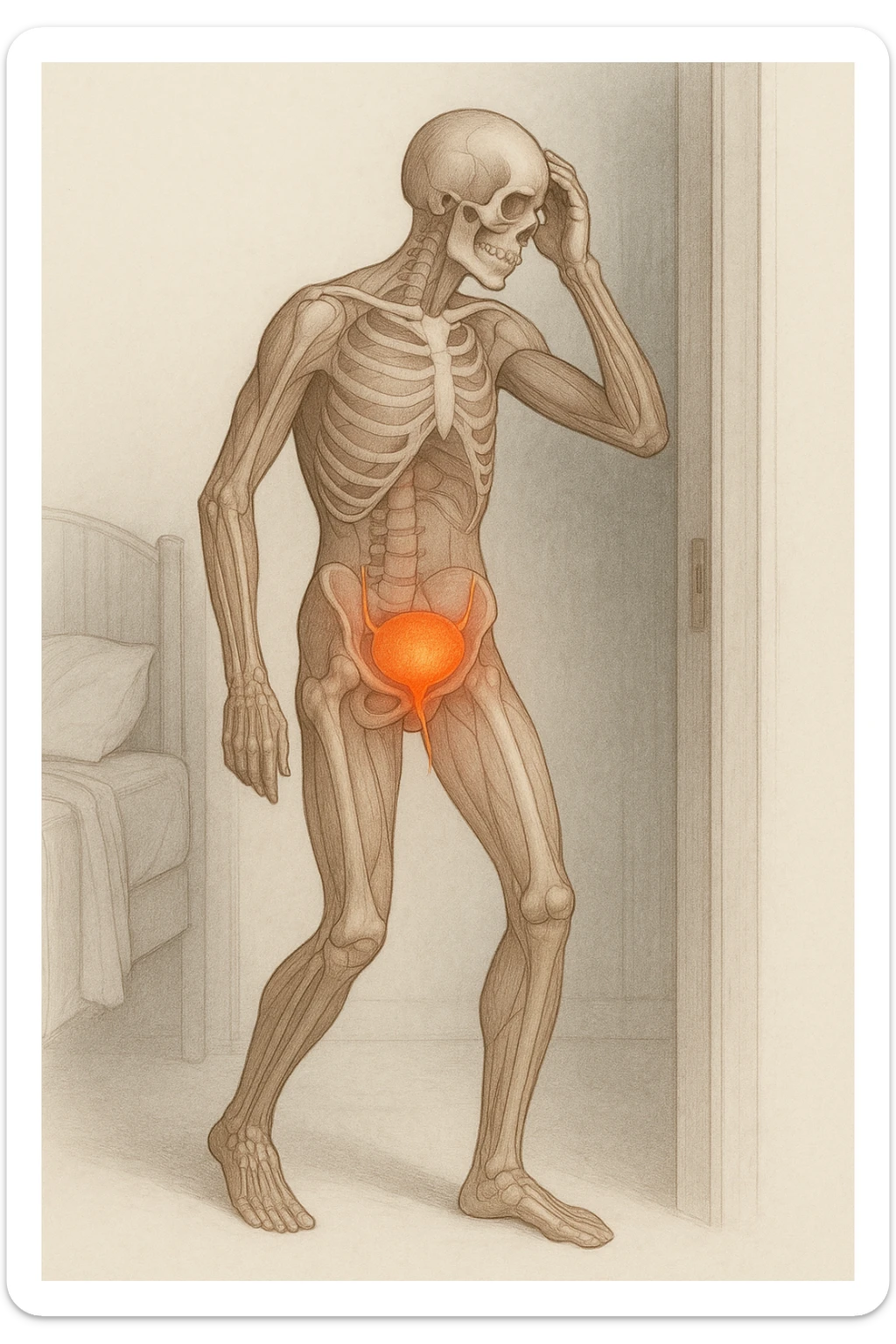 CORPO UMANO ANATOMICO CHE SI SVEGLIA LA NOTTE PER SVUOTARE LA VESCICA, VESCICA ANATOMICA IN EVIDENZA, SFONDO CHIARO NEUTRO sticker