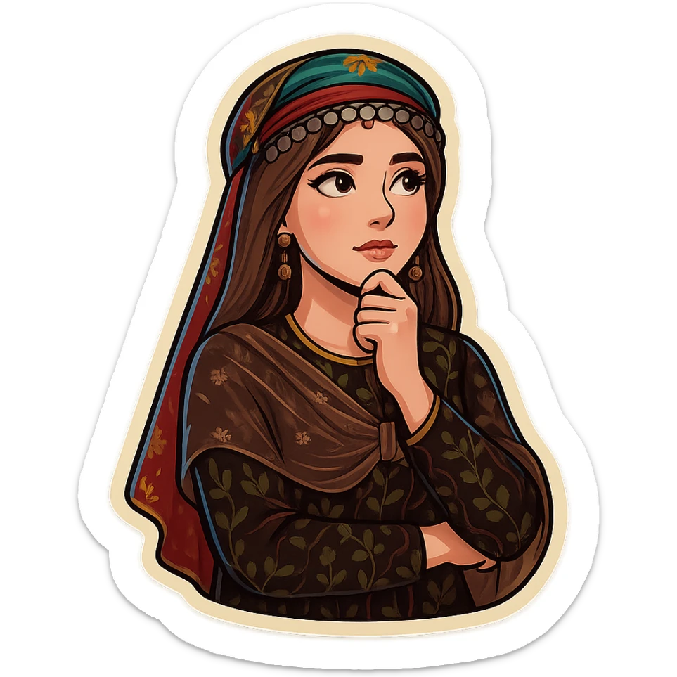 Kurdish cartoon sticker of the same woman in the new dress, thinking, hand on chin, looking up, thoughtful expression, no text, transparent background sticker