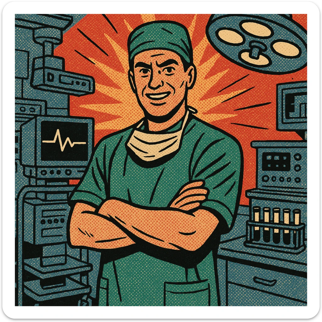 A male doctor standing in the middle of a hospital surgery room.  In the room are computers, heart monitors, a rack of test tubes and other types of medical technology. sticker