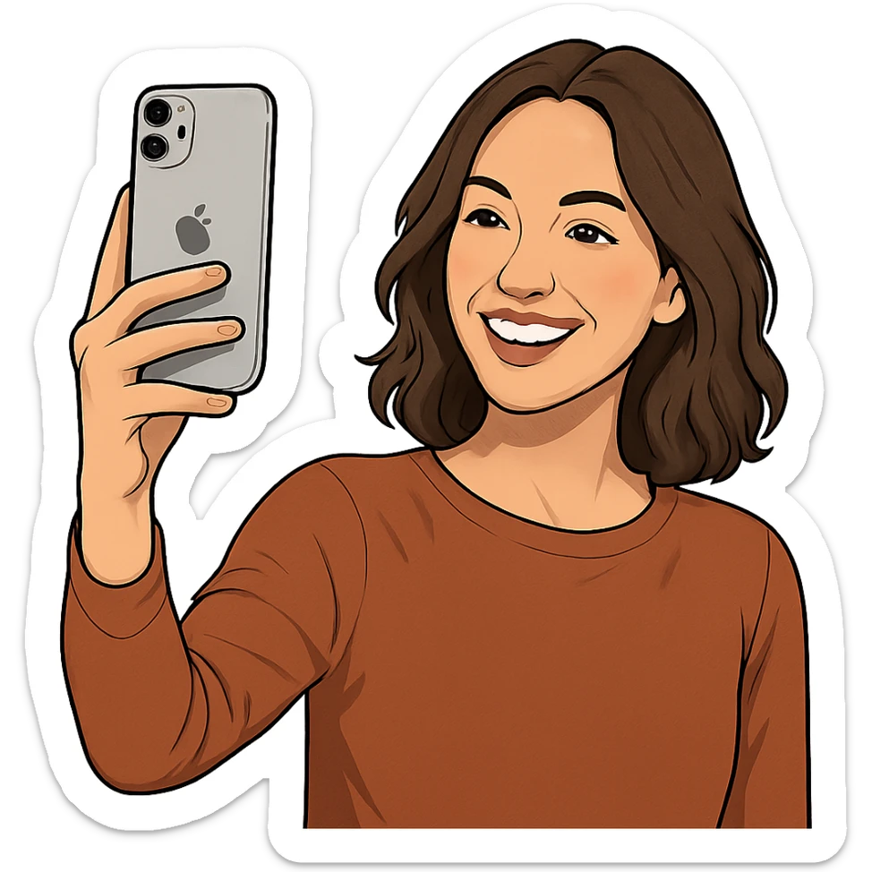 a woman holding up an iPhone to take a selfie, smiling, contemporary style, visible phone sticker