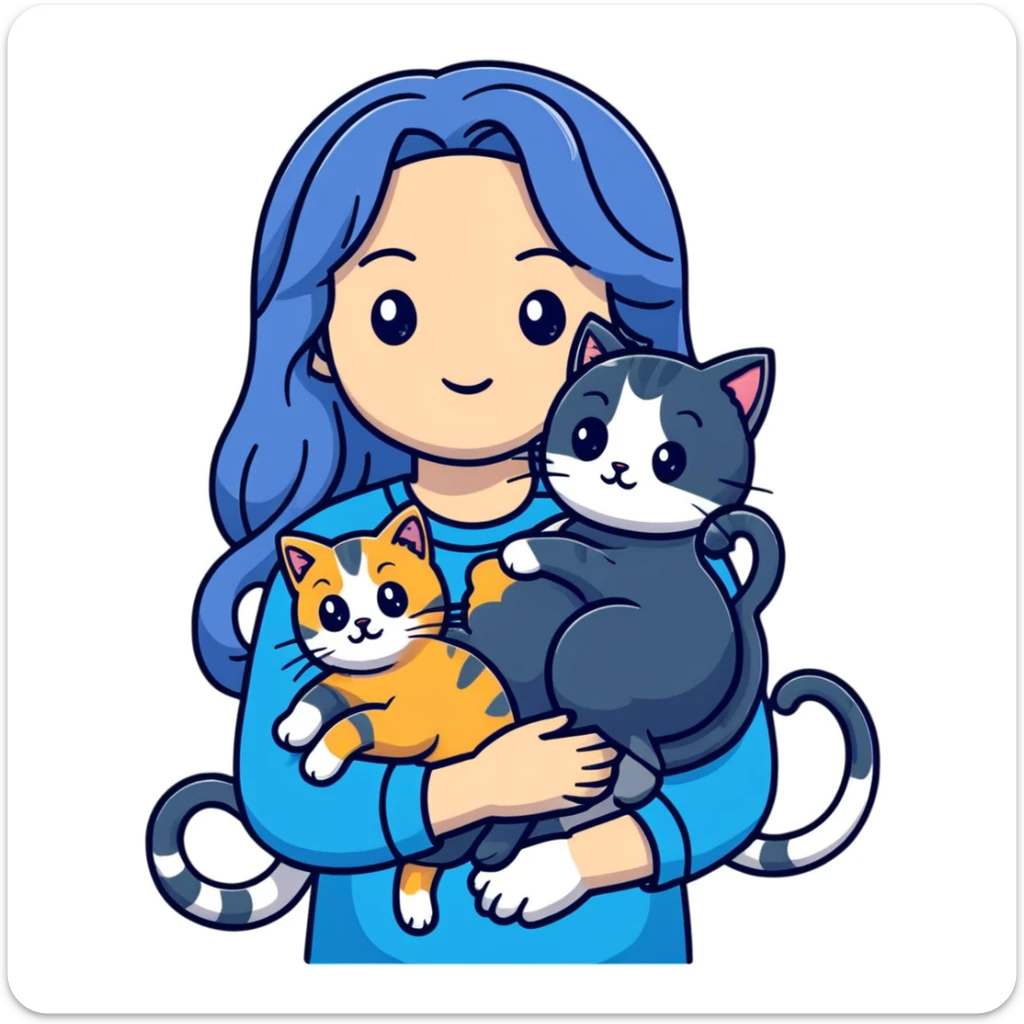 Girl with long wavy blue hair holding three cats, one black cat, one grey cat, and one grey-striped cat sticker
