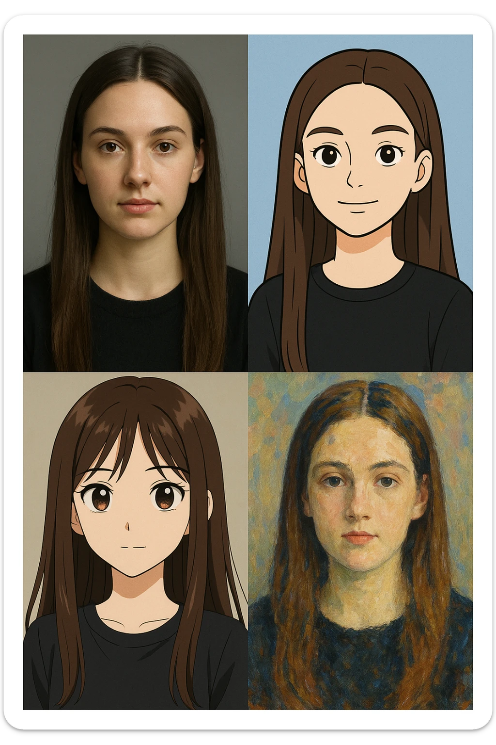 portrait of a girl with long straight brown hair, different styles sticker