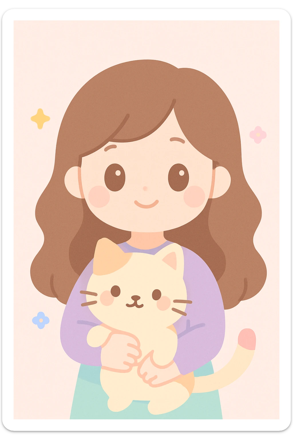 a girl with long wavy brown hair and brown eyes holding a cat, friendly and appealing style sticker