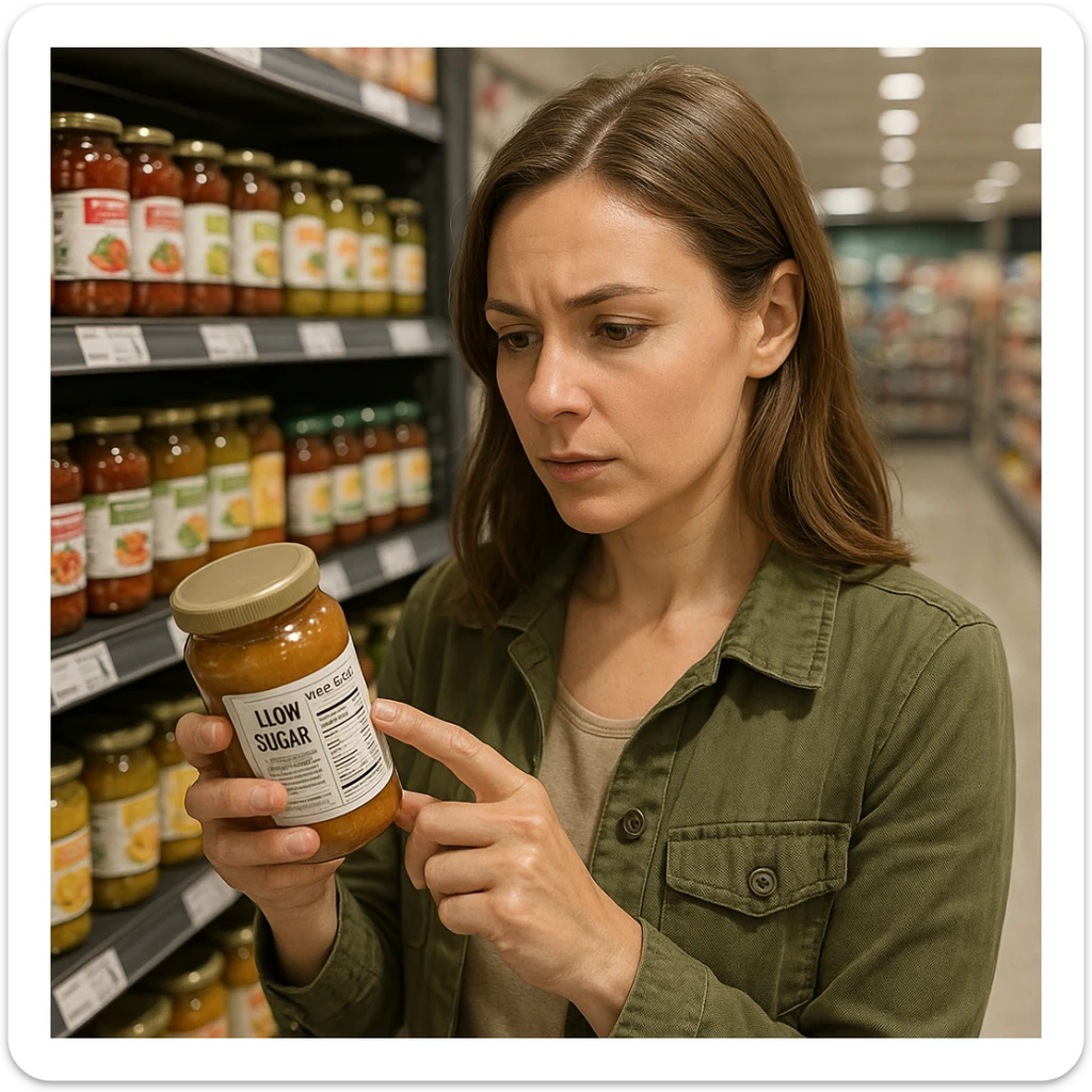 woman checking food labels at supermarket, looking for low sugar products, attentive expression, awareness atmosphere, realistic details, supermarket background sticker