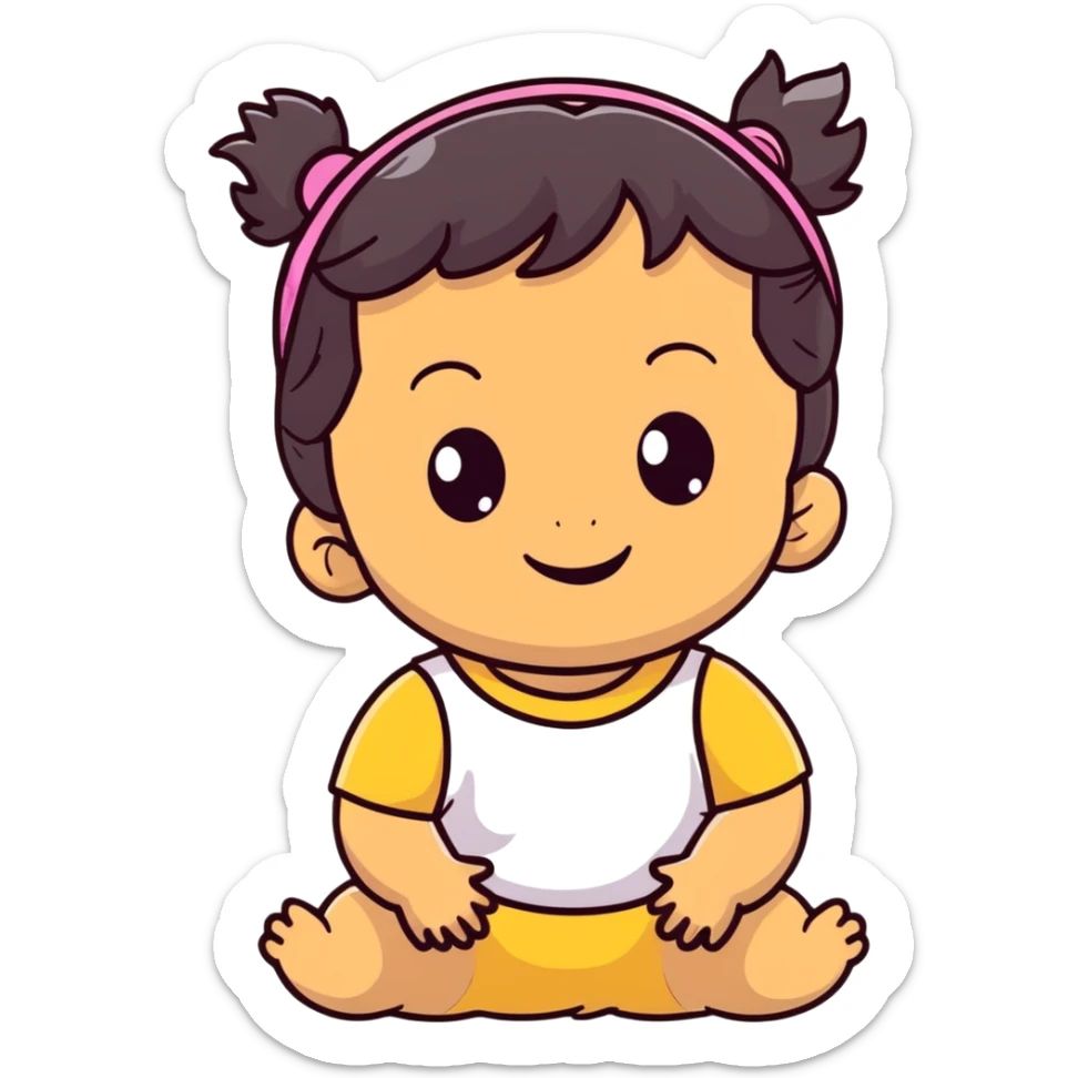 smiling toddler face with big eyes, medium skin tone, dark wavy hair, and a hair band sticker
