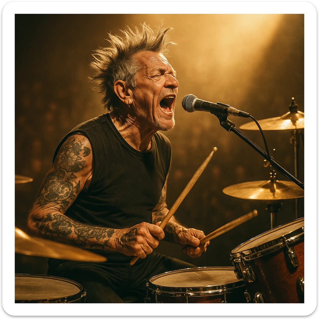 vintage rock drummer aged, singing passionately, spiked hair, tattoos, drum set, spotlight, retro concert vibe sticker