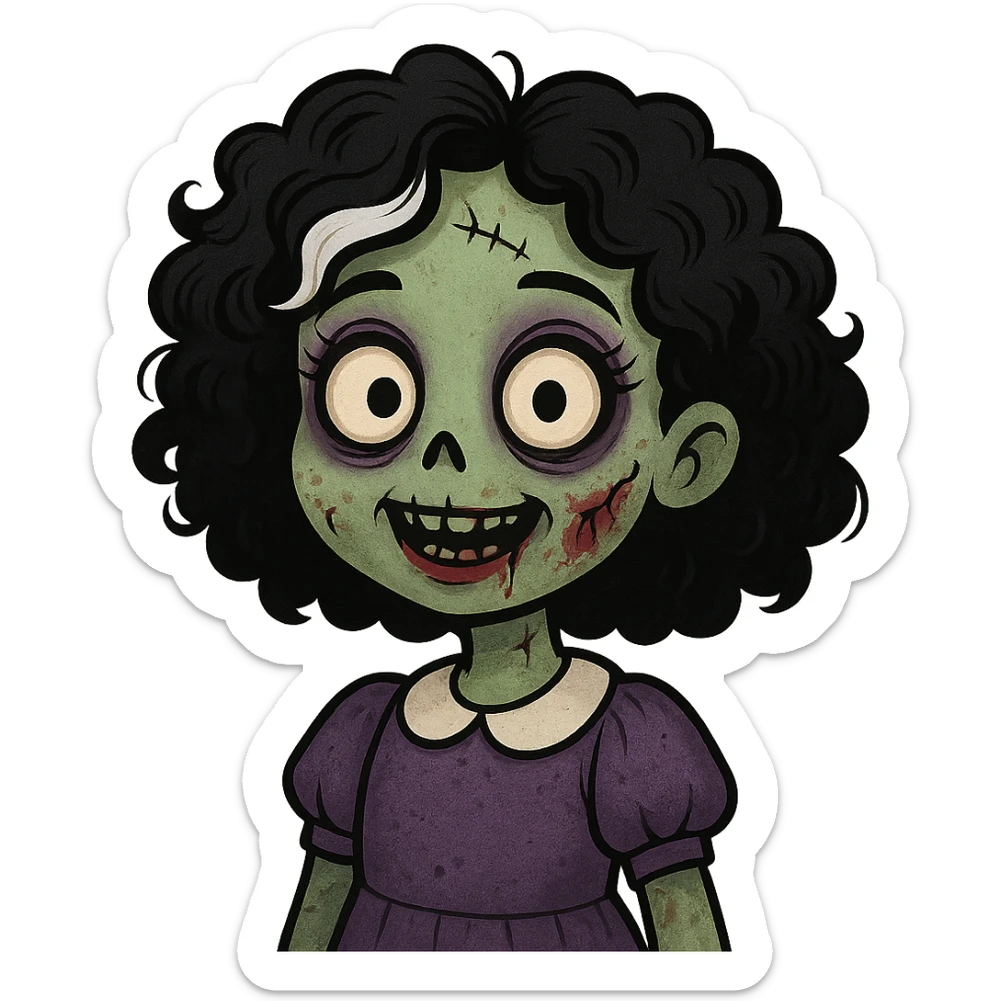cute zombie girl with black curly hair and a white streak, creepy face, makeup on sticker