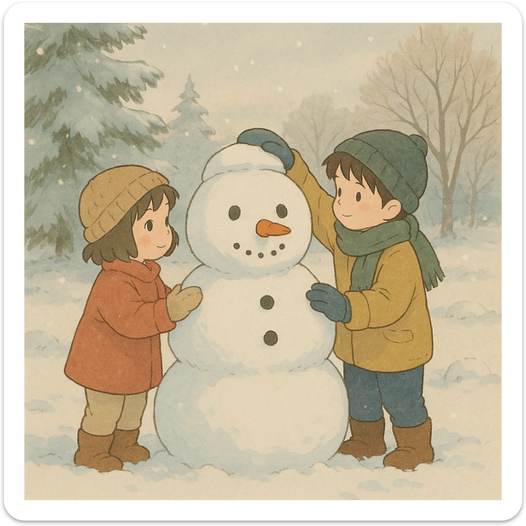 ghibli style kids building a snowman, soft colors, gentle winter scene sticker