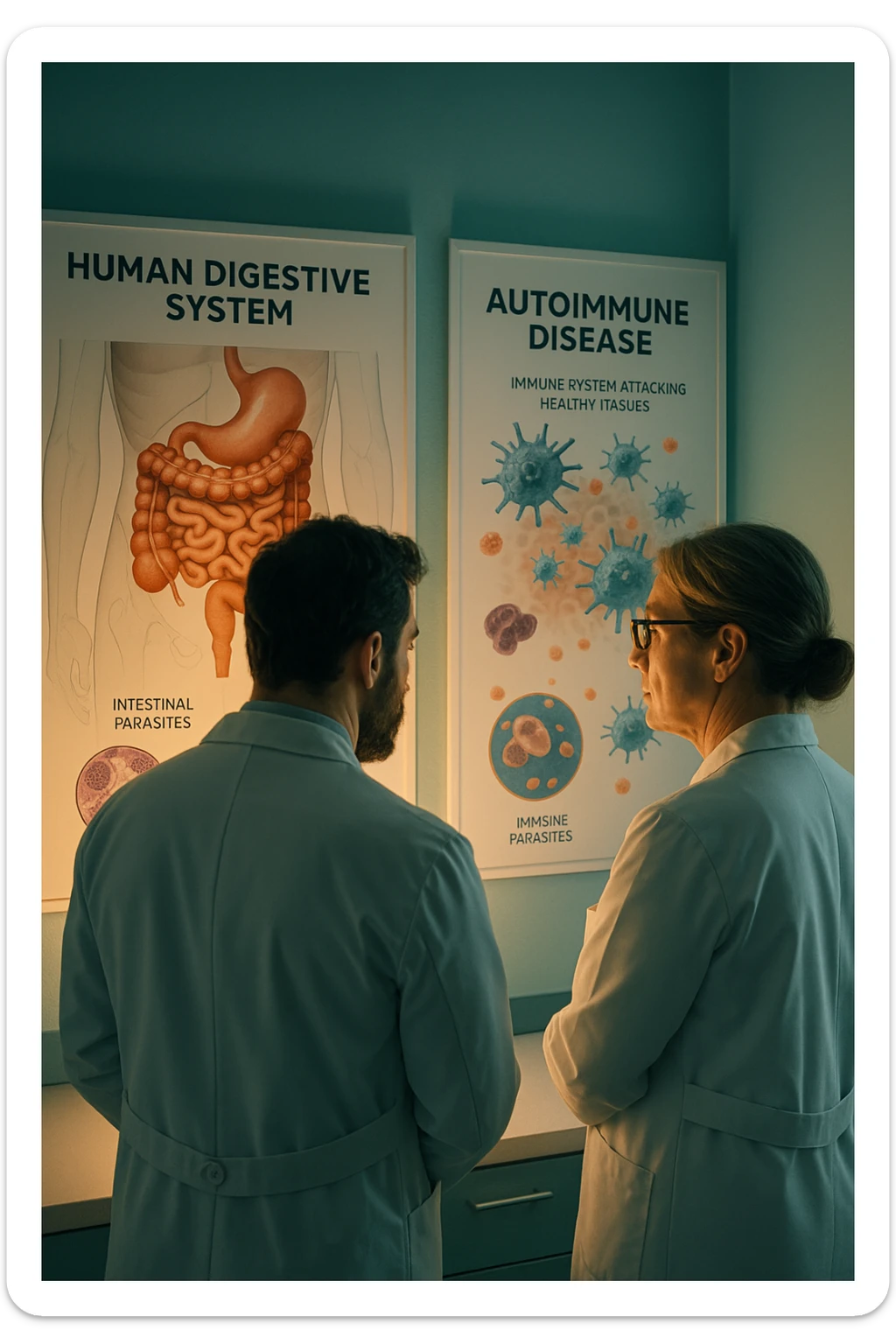 In italiano Realistic, detailed photo taken from behind of two doctors—a bearded man and a middle-aged woman—standing side by side in a modern medical office, intently studying a large, illuminated medical chart on the wall. The chart displays a detailed diagram of the human digestive system, highlighting the intestines and showing microscopic images of intestinal parasites. Next to it, another chart illustrates the immune system attacking healthy tissues, visually connecting gut parasites to autoimmune disease mechanisms. The room is bathed in a single green-blue color, with a warm, yellow-orange light casting soft shadows around the doctors. Both wear white coats and have serious, focused expressions, suggesting a deep discussion about the root causes of autoimmune conditions. Shot with a Canon EOS R5, with high detail, natural depth of field, and a clinical yet dramatic atmosphere. sticker