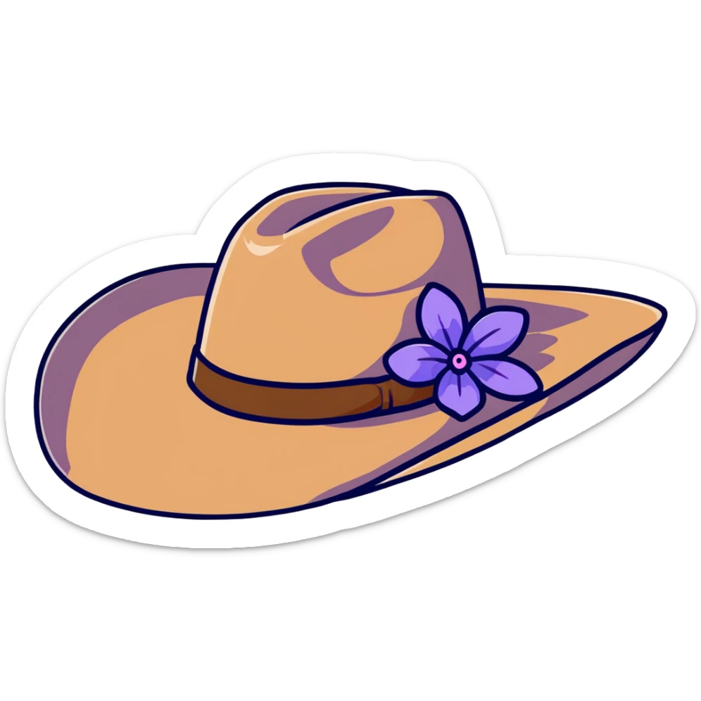 Cowgirl hat with purple lavender flowers, wide-brimmed brown western hat sticker