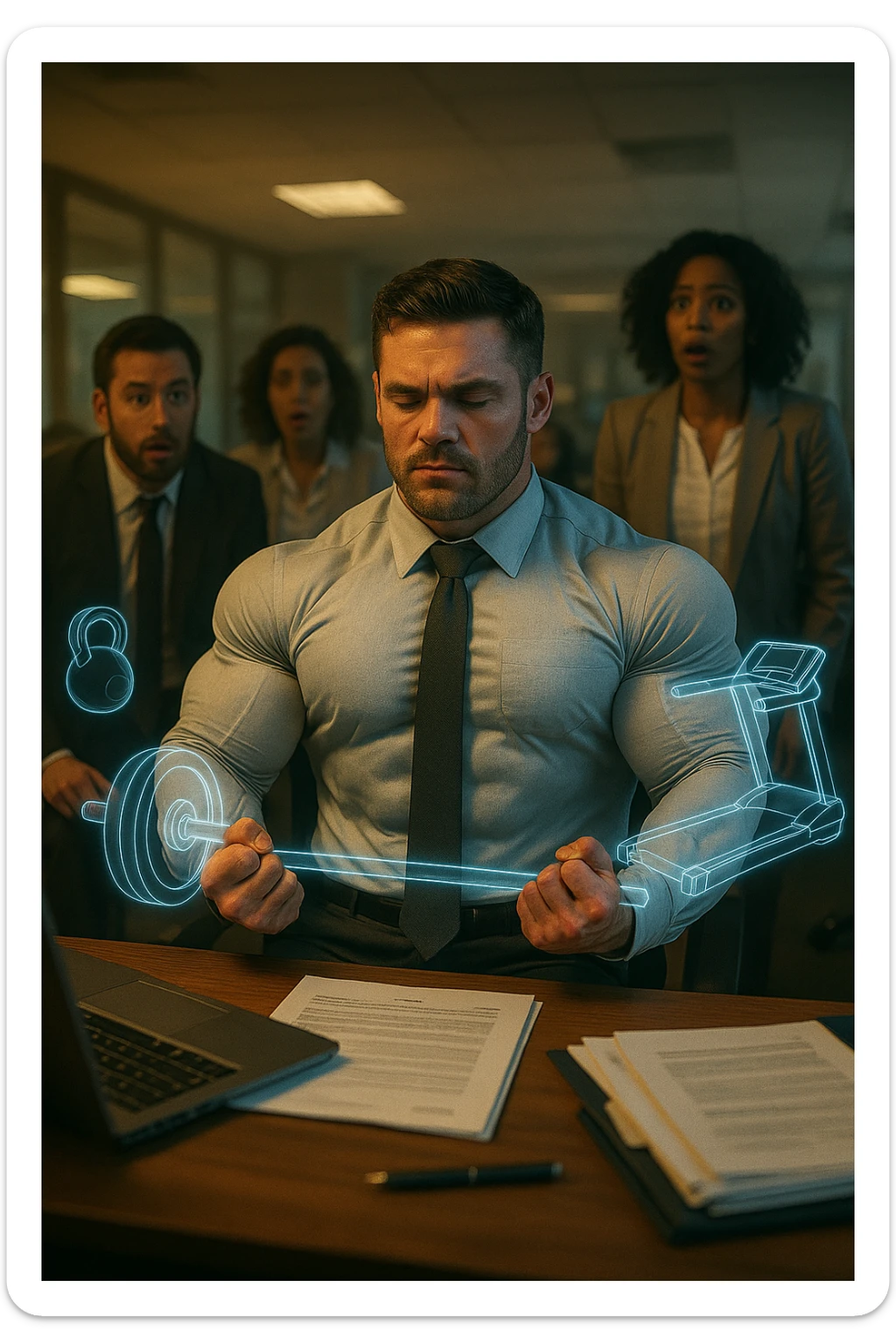 Realistic cinematic scene of an office worker in a business suit sitting at his desk, mentally rehearsing weightlifting routines. His body is transforming from skinny to muscular, shirt tightening around growing muscles. Colleagues around him look amazed. Imaginary gym equipment appears as holograms floating around him. The transformation happens through visualization alone, no actual weights. Expression of deep mental focus on his face. Cinematic lighting, 2:3 aspect ratio. sticker