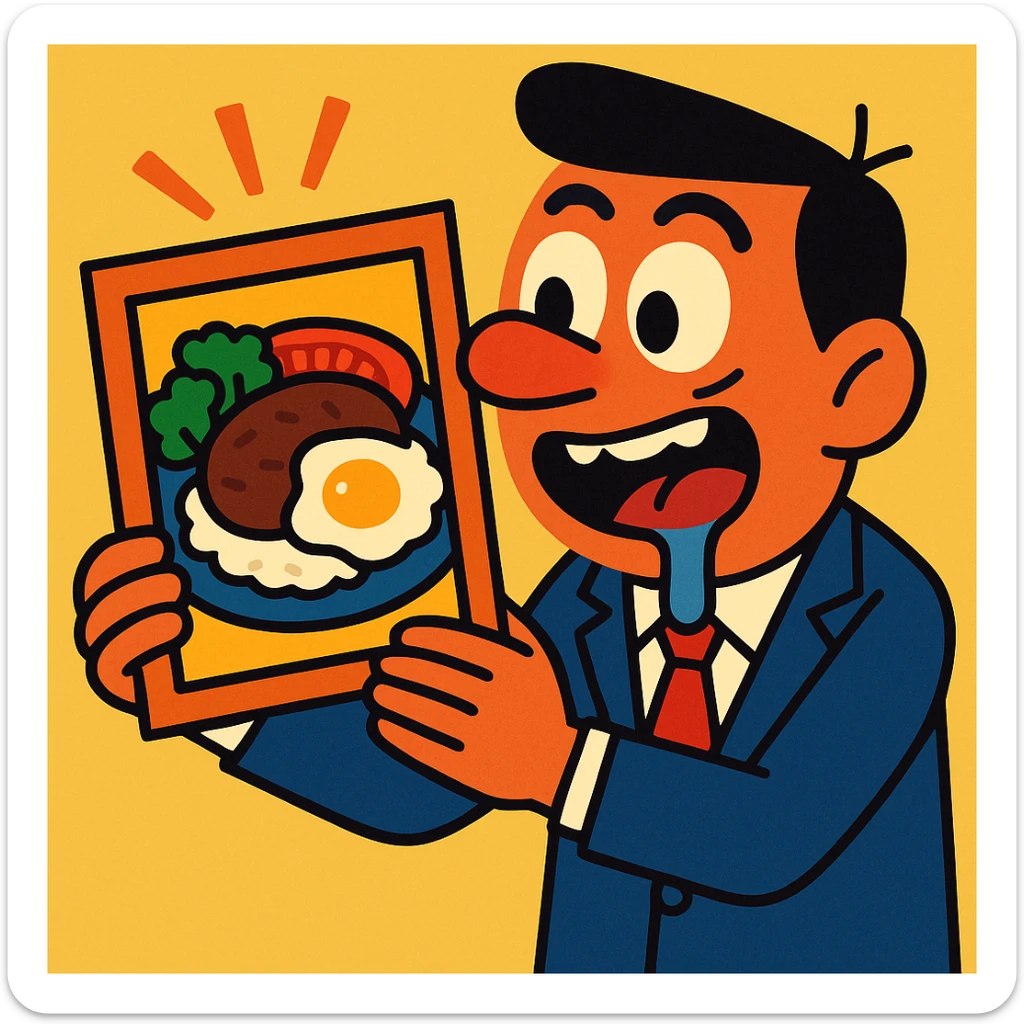 A salaryman drooling over a picture of food, vibrant toon style sticker
