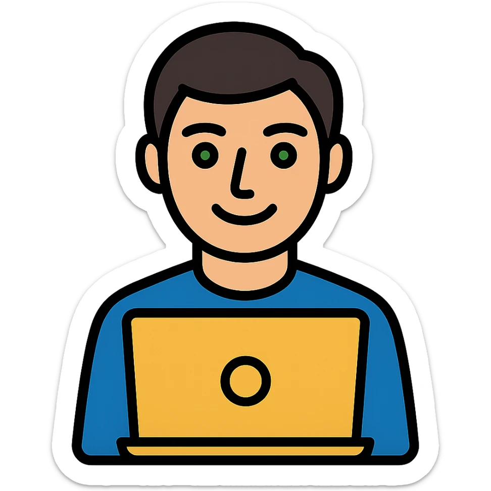 Change the man's hairstyle to a different style, keep him with dark hair and green eyes working on a laptop, clean modern icon style, simple background removed. sticker