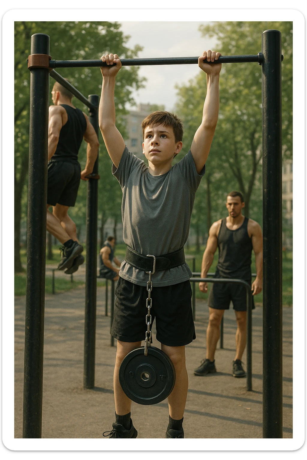 Giovane atleta neofita, fisico normale e non ancora sviluppato, si allena per la prima volta in uno spazio urbano per streetlifting: sbarra per trazioni, parallele, e pesi appesi alla cintura. L’ambiente è un parco cittadino o un’area outdoor sportiva, con luce naturale. L’atleta guarda la sbarra con determinazione e un po’ di insicurezza, ma con forte motivazione. Intorno, altri atleti più esperti. Stile realistico, atmosfera motivazionale, toni energici ma credibili, senso di inizio di un percorso sticker