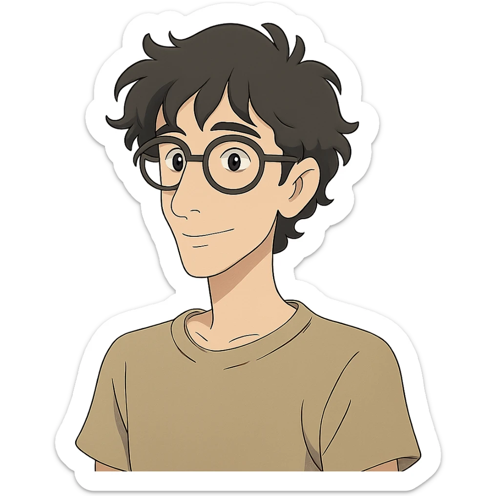 ghibli style skinny white boy with wavy black hair, big nose, black glasses sticker