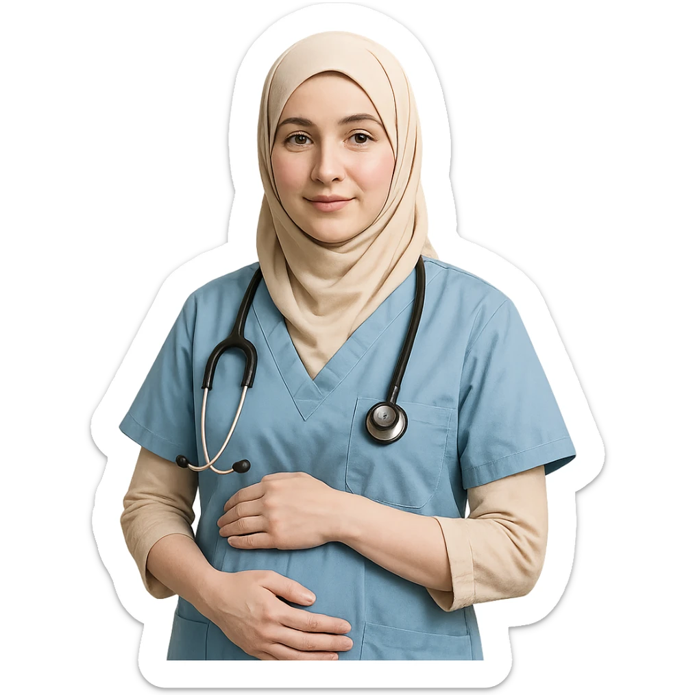 a hijabi midwife with pale skin, gentle expression, medical attire, stethoscope, caring pose sticker