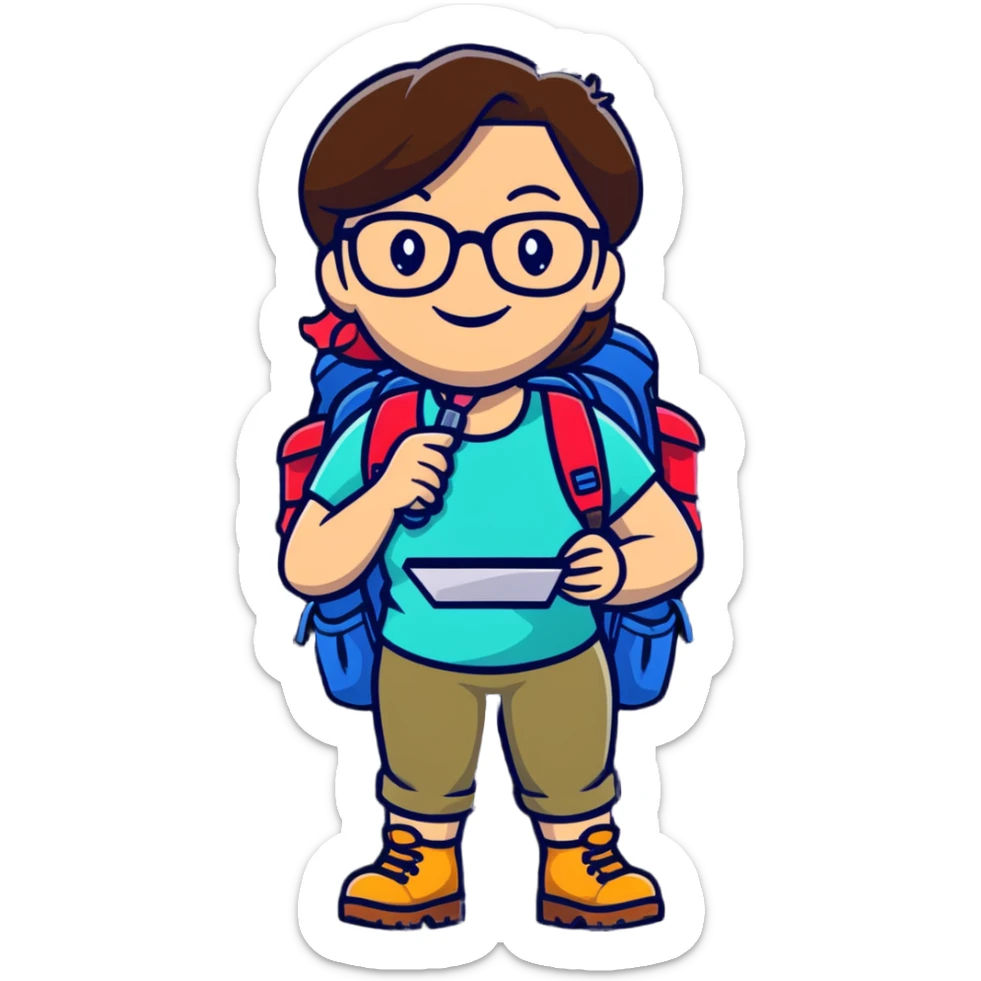 Very cheerful excited woman in her 40s with glasses wearing sporty outfit, hiking boots, and backpack, holding a magnifying glass with big smile sticker