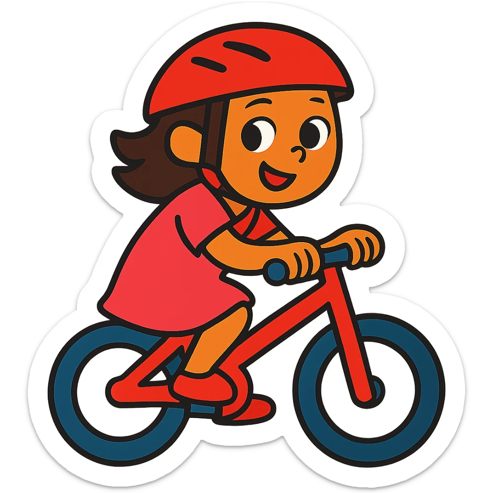 Change the girl's dress color to pink, keep the red bike helmet, no background. Maintain the vibrant colors style of the image. sticker