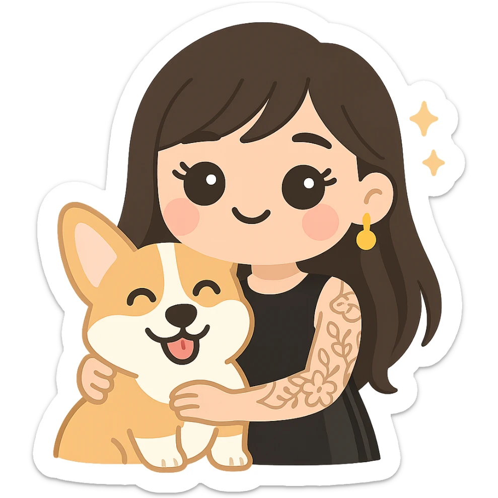 expressive emoji of an Asian girl wearing a black sleeveless leather dress with gold earrings, long hair with wispy deep side-parted bangs, false lashes, and a 3/4th sleeve tattoo on her left arm, hugging a happy tri-color Corgi, kawaii style sticker