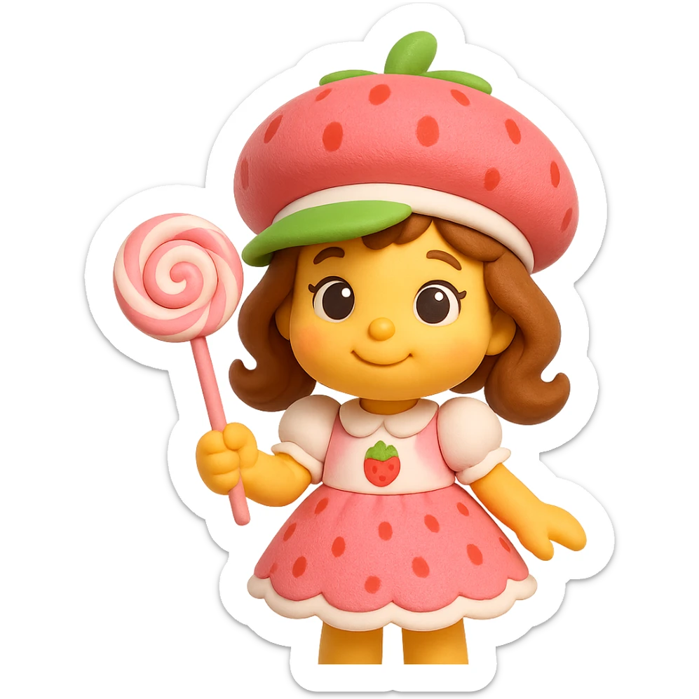little girl in a strawberry shortcake dress, holding a candy wand, pastel background, 3d emoji style sticker