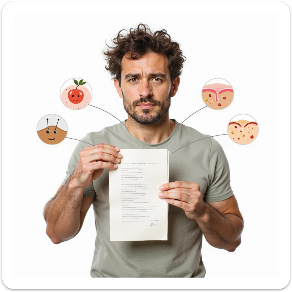 realistic man with dull hair and dry skin holding a shopping list without healthy fats, attention symbols near body areas like hair and skin, Italian caption: 'Mancanza di grassi buoni: rischio per estetica e salute', isolated on white background sticker